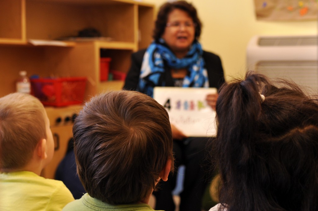 Carleen Thomas' Language Lessons Tsleil-Waututh Nation education manager and band councillor, Carleen Thomas, teaches Hǝn̓q̓ǝmin̓ǝm̓, a Coast Salish language, to kids at the TWN preschool. Photo: Kendall Walters
